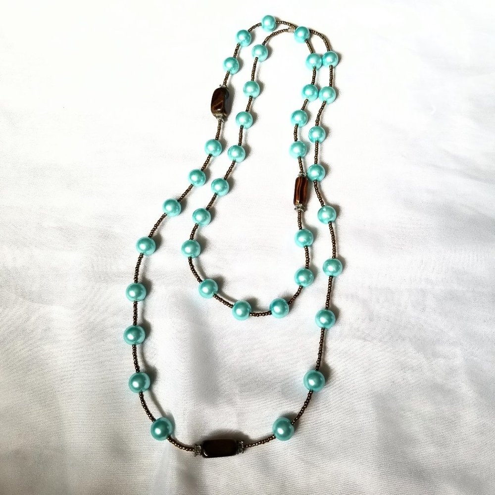 3/$20 Mint Green Pearl & Brown Long Beaded Necklace